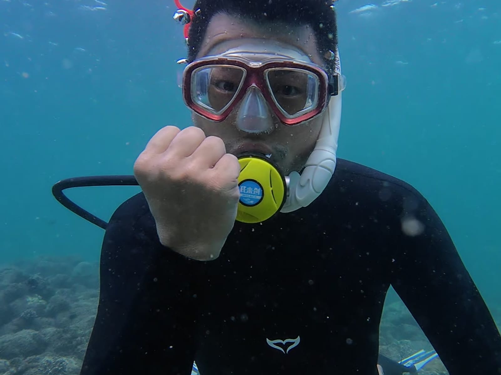 A diver working with the hose visible